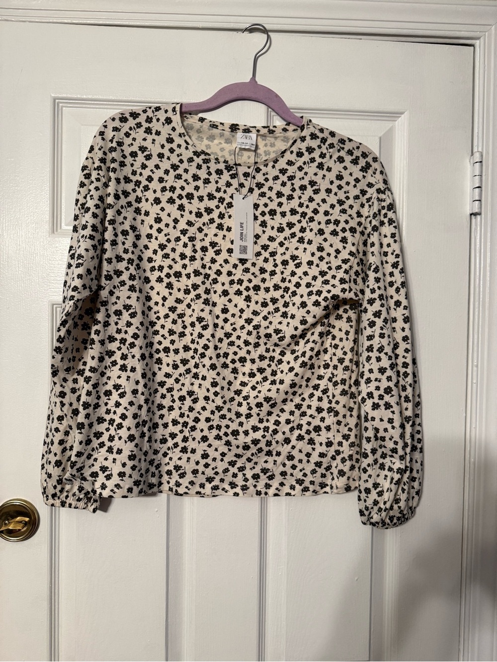 Zara Cream Blouse with Black Floral Print